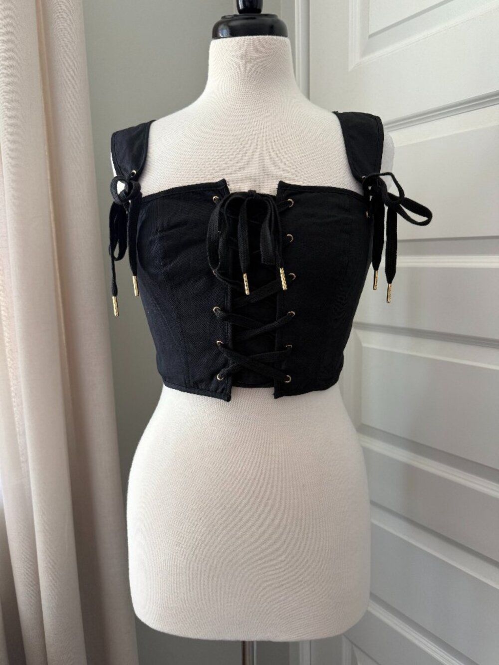 Lena Black Denim Lace Up Shoelace Strap Corset Top : Large